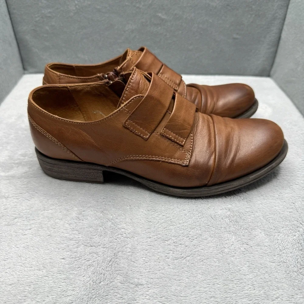 Miz Mooz Liam Women's 6.5 Brown Leather Double Strap Oxford Shoes Side Zip